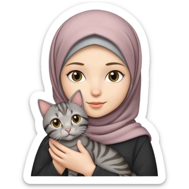 White girl wearing pretty hijab holding a black grey tabby cat while standing sticker