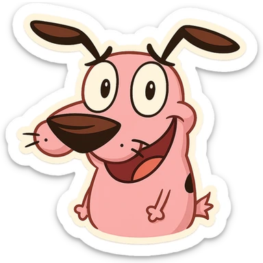 Courage the Cowardly Dog emoji, smiling, pink dog, big nose, cartoon style sticker