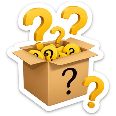  box printed with q&a over stuffed with yellow question marks sticker