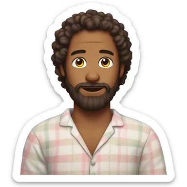 Man with poofy curly brown hair and a beard in pajamas sticker