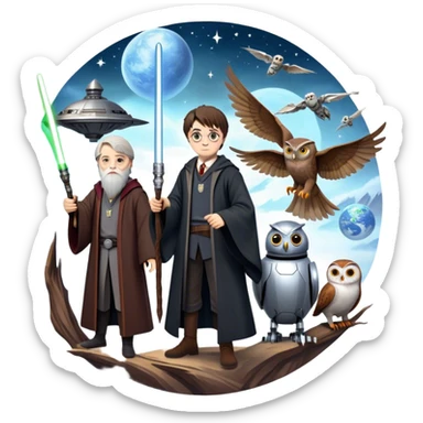 Icon for Fantasy and Sci-Fi Movies: Collage featuring Harry Potter with his wand, Dumbledore, Luke Skywalker with a lightsaber, and futuristic robots. Background with a magical planet, Hogwarts, flying owls, and spaceships. Epic and magical atmosphere. Transparent background. sticker