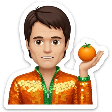 Jim Carrey with dark brown hair, orange sequin outfit sticker