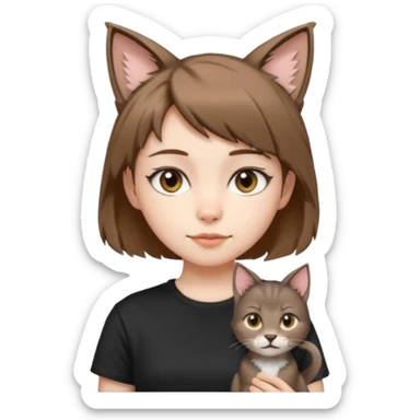 a girl with short brown wolf cut , cat ears and a tail, with a black t-shirt on sticker