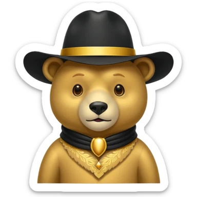 Oso dorado con un sombrero elegante    negro y  en   su cuello un moño negro sticker