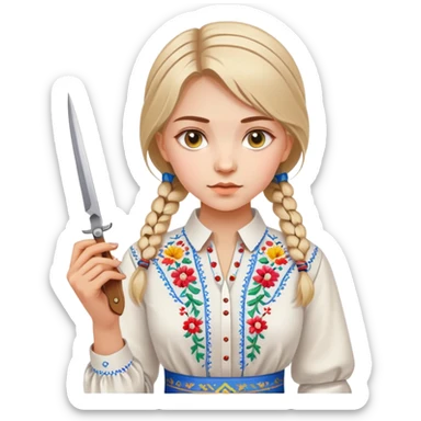 Ukrainian young girl in a white embroidered traditional shirt (vyshyvanka) holding scissors and colored cardboard sticker