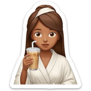 Side profile of a girl with brown hair in a robe and towel sipping iced coffee sticker