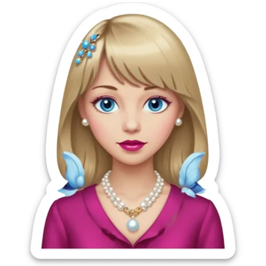 Woman with long dark blond hair and bang, blue eyes, raspberry lip, with classy clothe emoji sticker
