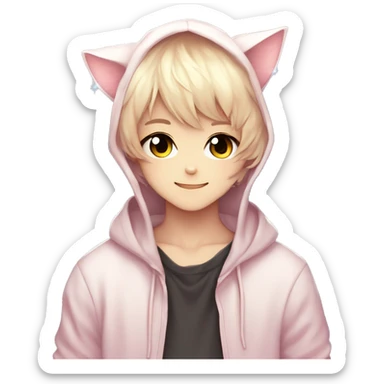 Cute Kawaii Beautiful Gorgeous Sparkly Shiny Blushing Anime Style Catboy With Pretty Hair And Hoodie Trendy Style Outside sticker