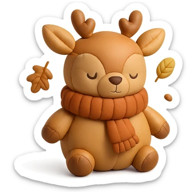 deer in a wooly scarf among falling leaves, cozy fall palette, cushion style sticker