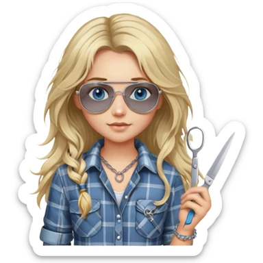girl with long blond messy hair wearing grey plaid shirt with blue eyes and aviator sunglasses wearing a ring on her silver necklace, holding scissors sticker