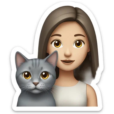 girl with brown hair and blue eyes with a grey cat sticker
