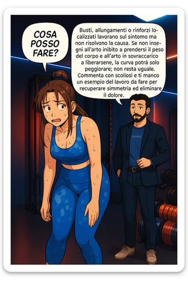 ispirati a questo stile di disegno e fai questa immagine in versione manga/webtoon a colori, il manga mostra la donna preoccupata che chiede: "COSA POSSO FARE?" E L'UOMO CHE RISPONDE: Busti, allungamenti o rinforzi localizzati lavorano sul sintomo ma non risolvono la causa. Se non insegni all’arto inibito a prendersi il peso del corpo e all’arto in sovraccarico a liberarsene, la curva potrà solo peggiorare; non resta uguale. Commenta con scoliosi e ti mando un esempio del lavoro da fare per recuperare simmetria ed eliminare il dolore. sticker