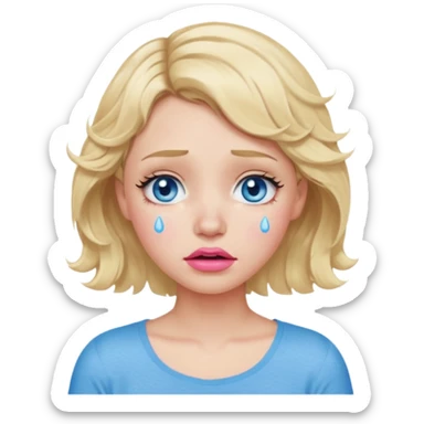 Girl Blonde short wavy hair,  blue eyes, cute blue top, long lashes, pink lips,crying with tears running down the face  sticker