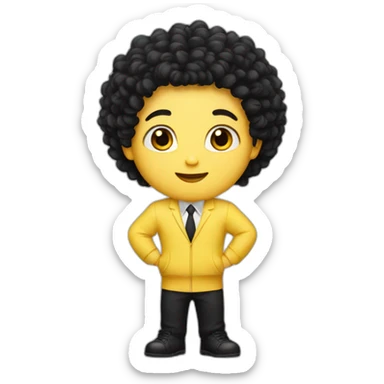 A white kid with black curly hair wearing a banana suit sticker