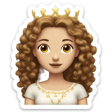 White girl with long brown curly hair wearing a crown sticker