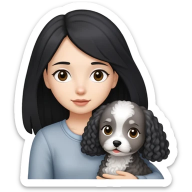 A girl with long straight hair holding a small light gray curly-haired dog sticker
