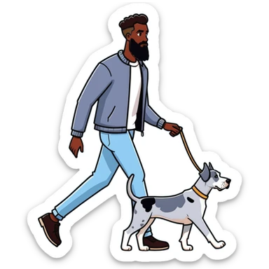 man and dog, tall bearded dark-skinned man walking blue Merle Great Dane, illustration style sticker