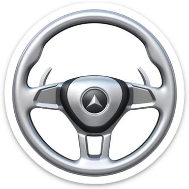 A futuristic steering wheel emoji made of silver chrome, minimal geometric design, smooth metallic surface, soft reflections, iOS emoji style, centered, clean white background sticker