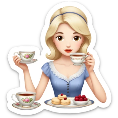 Elegant British girl drinking afternoon tea with scones and teacup, proper posture sticker