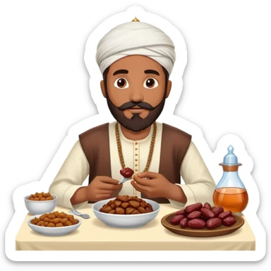 Muslim man with beard and mustache wearing his religious clothes eating if they food : dates on table, meat with rice, fried foods on the table and fruits, water sticker