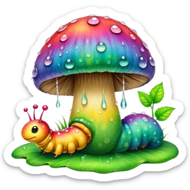 Tie dye mushroom with dew and a cute caterpillar  sticker
