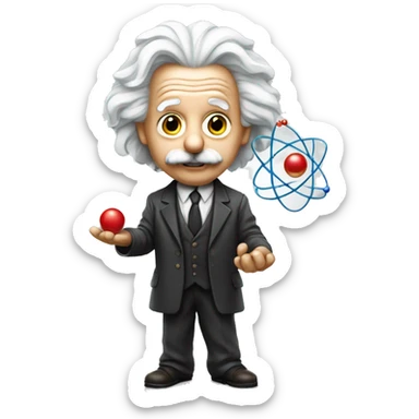 Albert Einstein holding a model of an atom sticker