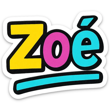 Zoé name in modern colorful gradient font with dark outline, dynamic slanted or partial underline, transparent background, in the style of reference patterns sticker