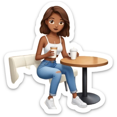 girl with brown hair and a crop top with a white bag and baggy jeans and have a coffee and sitting at the coffee shop  sticker