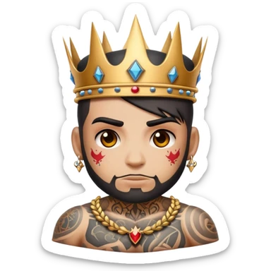 crea un emoji que sea un personaje tatuado con tatuajes del 666 que tenga una corona y que se mire tactico
 sticker