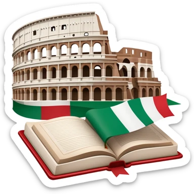 An icon featuring the Colosseum and the flag of Italy, symbolizing the Italian language. The design includes an open book with Italian phrases and a gondola, representing language learning and cultural exploration. Transparent background sticker