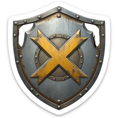 a battle worn steel shield with engraved text "XXX", the text should be prominent and in the center of the shield sticker
