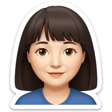 60 yr old woman, very small brown eyes, long hair, straight dark brown hair, bangs, chubby, long face sticker