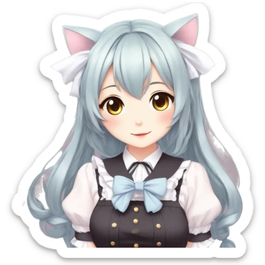 Gorgeous anime style catgirl with blushing face with maid outfit bow tie idol model kawaiicore pearly petite simplistic aesthetic trending style sticker