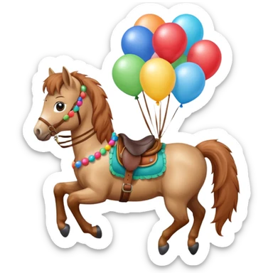 A small pony holding colorful balloons tied to its saddle, looking cheerful. sticker
