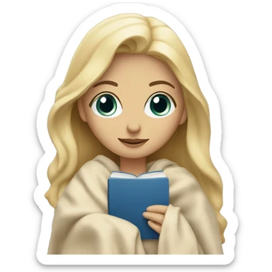 blonde with blue eyes in a blanket with a beige book in her hands sticker