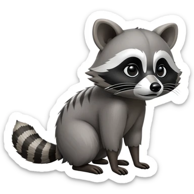 Cinematic-Raccoon-Realistic-hunched Full-Body on all fours-Emoji – Tail flicking lazily, head tilted dramatically, thick grey fur with a signature black mask, sharp and alert ears, simplified yet realistic focused features, highly detailed, glowing with an almost sarcastic glow. big black eyes sticker