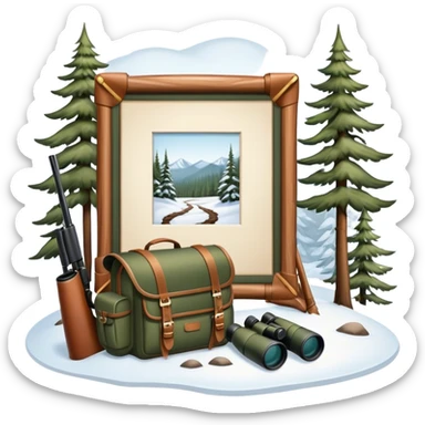 Icon for Hunting Tourism: a hunting rifle, binoculars, and animal tracks in the snow, with a forest background and a hunter’s backpack. The icon should represent the adventure and experience of hunting in nature. Transparent background. sticker