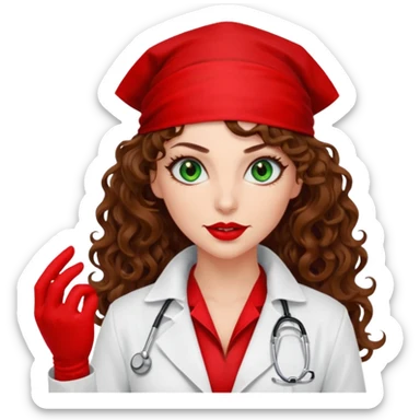 Spanish sexy evil woman. She has green eyes.  had brown long curly hair.  evil surgeon kills with needle wears red sexy doctor coat with red mouth bandana red gloves.  sticker