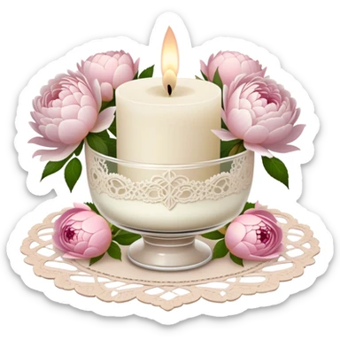 A small ivory wax candle in an ornate glass holder, placed on an antique lace doily, surrounded by loose soft pink rose petals, delicate white peonies, and blush dahlias, casting a warm, vintage glow.
 sticker