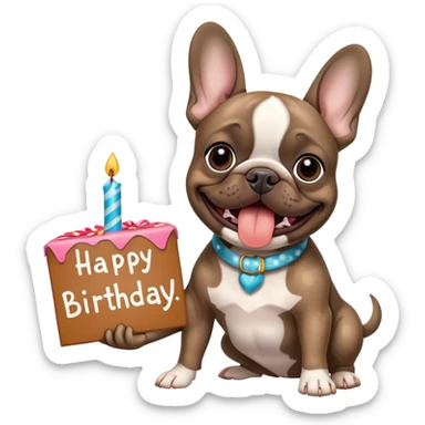 Brindle French Bulldog holding a happy birthday sign sticker