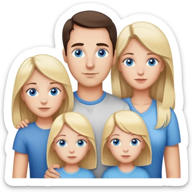 Family portrait with father with dark brown hair and blue eyes, mother with light brown hair and blue eyes, three blonde little girls with blue eyes sticker