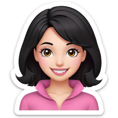 Olive toned girl with big smile, pink clothes, blowout black hair, round cute coquette face, brown eyes with pretty eyelashes sticker