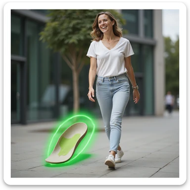 realistic style woman walking with confident step and smile, orthopedic insole in shoe, foot with green halo symbolizing wellness, urban environment sticker