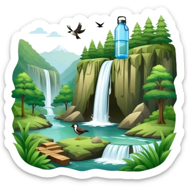 Icon for Ecotourism: a scenic landscape with lush green forests, a waterfall, and wildlife, such as birds or animals, with hiking trails and eco-friendly travel elements like a reusable water bottle. Transparent background. sticker