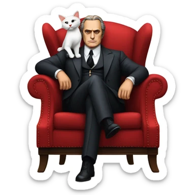 vito corleone as a mafia boss sitting on a red chair petting a white cat on his lap sticker