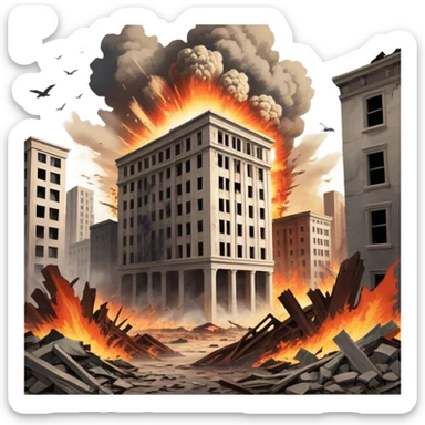 A vintage movie poster-style design with a dramatic scene of a natural disaster like an earthquake, tornado, or tsunami. Include crumbling buildings, flying debris, and fiery explosions. The background should be chaotic, with a cinematic, apocalyptic vibe. Transparent background. sticker