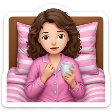 aestethic brunette wavy hair, waking up with a pink pajama sticker