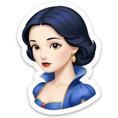 Cinematic Timeless Snow White Portrait Emoji, rendered in a clean, vector style. Depict Snow White with flawless porcelain skin, elegantly styled raven hair, and a serene, graceful expression, dressed in her classic blue and gold ensemble. The design features bold, simplified shapes, a soft, enchanting glow, and a subtle glowing outline, epitomizing pure, timeless beauty. sticker