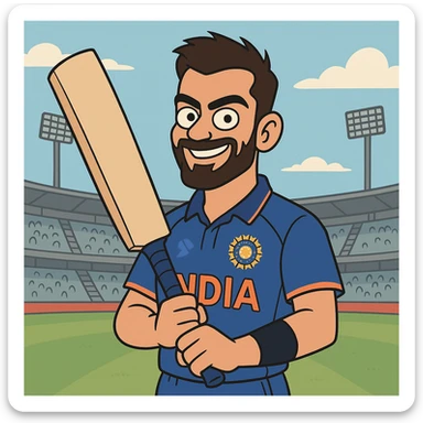 Virat Kohli, cartoon style, holding a cricket bat, confident smile, blue Indian team jersey, stadium background sticker