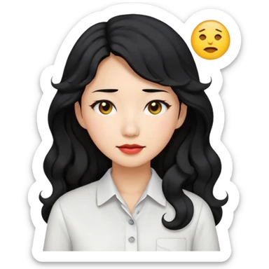 Asian woman, black hair, long permed wavy hair, white button-up shirt, emoji style, flat colors, transparent background. sticker